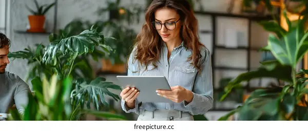 Woman Using Tablet in a Modern Office Setting with Plants