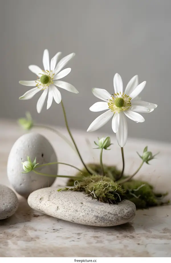 White Flowers and Stones Minimalist Still Life Photography