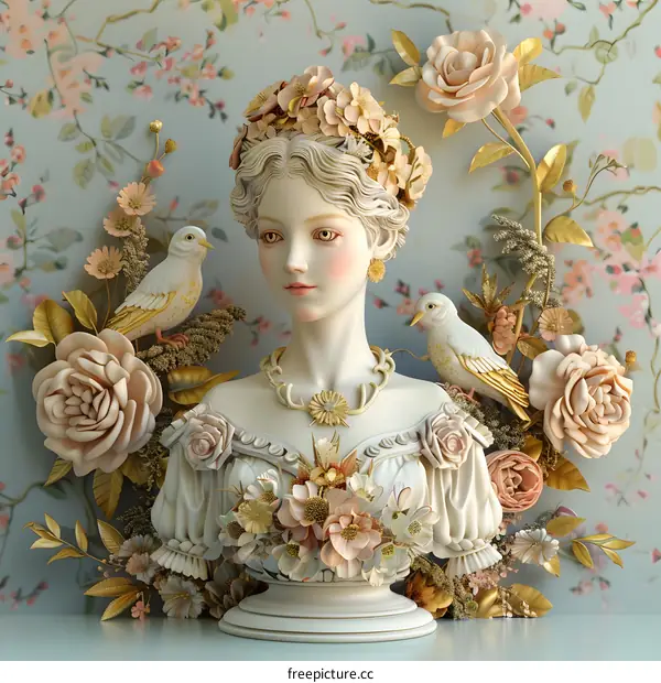 Floral Bust Sculpture of a Woman with Birds