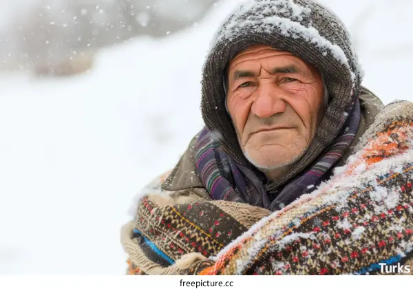 Portrait of an old man in the snow