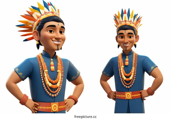 Two Southeast Asian Men with Blue Shirts and Traditional Headdresses