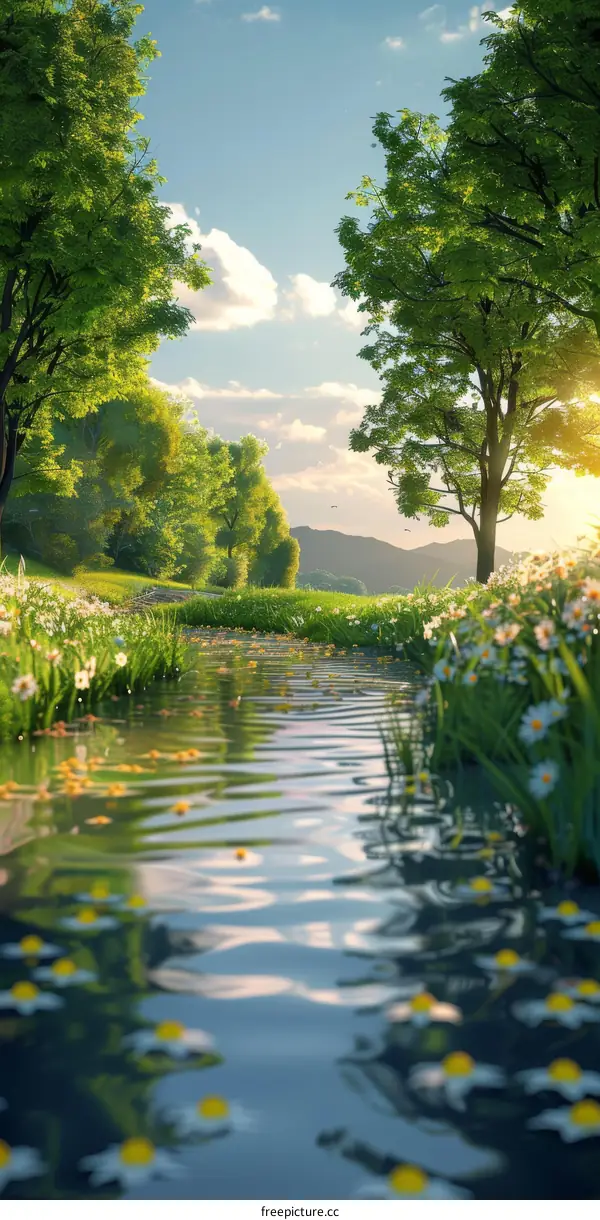 Morning River Landscape with Trees and Flowers