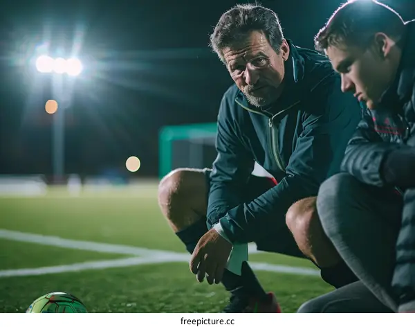 A coach talking to his player about the game strategy during a break in the match