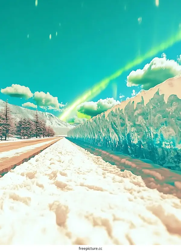 Snowy Road with Green Aurora Borealis in the Sky