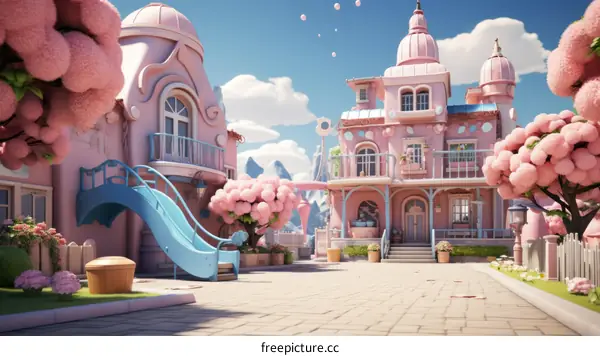 A pink and blue pastel colored illustration of a street with houses, trees, and flowers