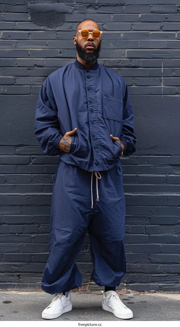 A black man wearing a blue nylon tracksuit