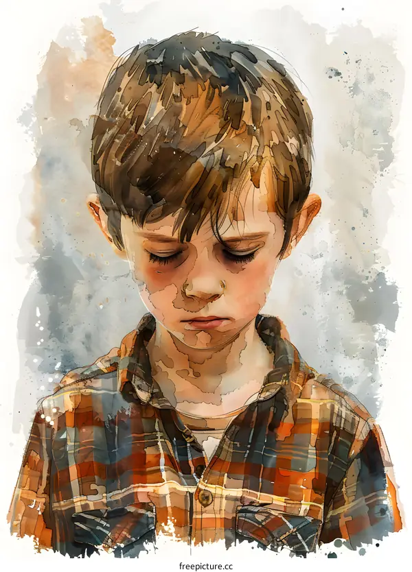 Portrait of a boy with brown hair and brown eyes wearing a plaid shirt