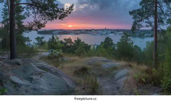 Helsinki cityscape at sunset as seen from the Ullanlinna district