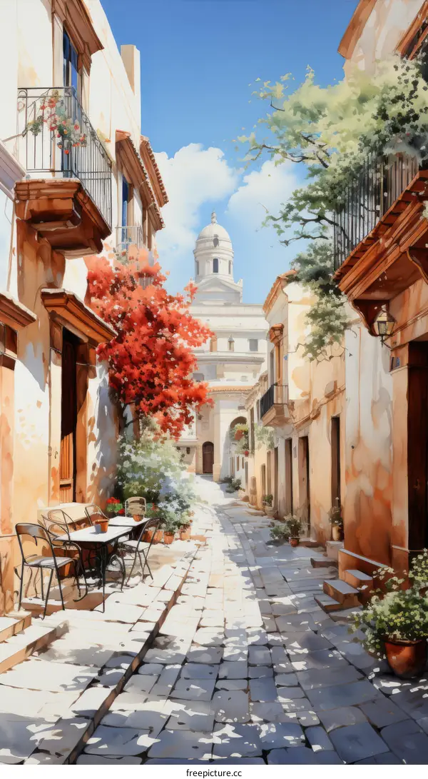 Watercolor Painting of a Narrow European Street with a Church View