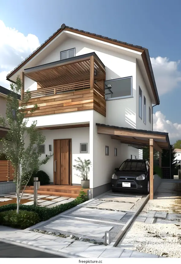 Modern White Japanese Style House With Wooden Balcony And Garage