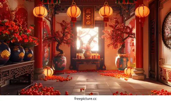 Chinese courtyard with red lanterns and flower pots