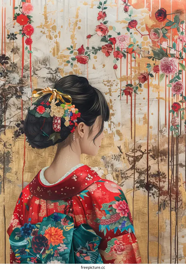 A woman wearing a red kimono with a floral pattern and a yellow ribbon in her hair is standing in front of a wall with a floral pattern.