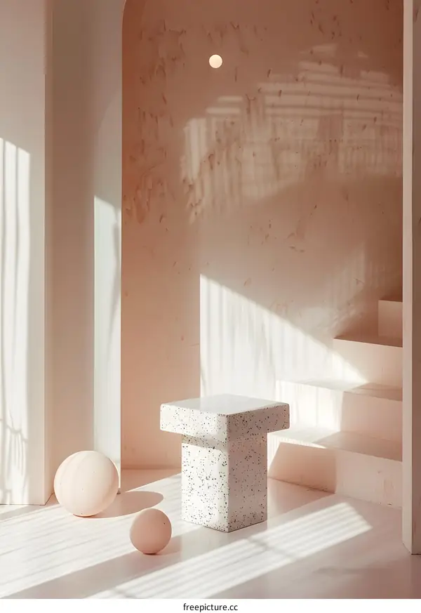 Minimalist Interior Design with White Stool and  Pink Wall