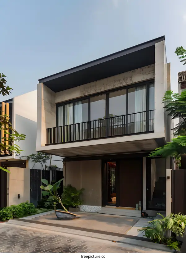 Modern Minimalist Concrete House with Balcony and Patio