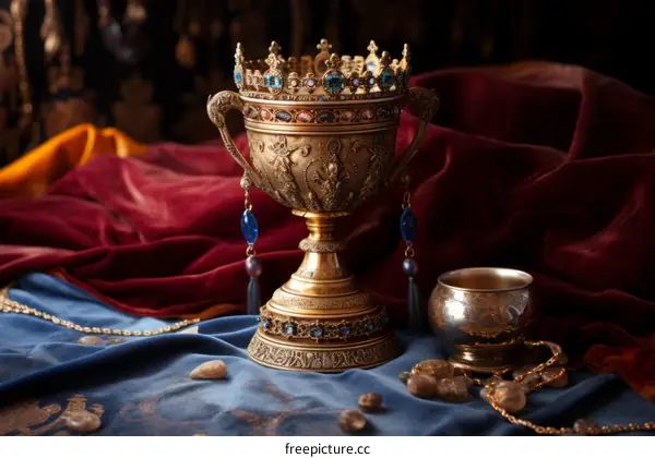 Ornate Golden Chalice with Gemstones on Velvet