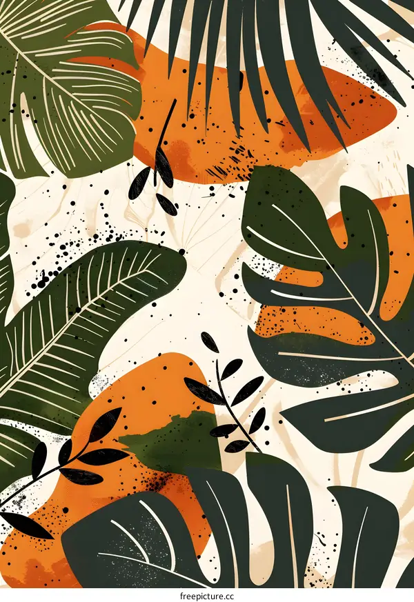 Abstract Green and Orange Tropical Leaf Pattern