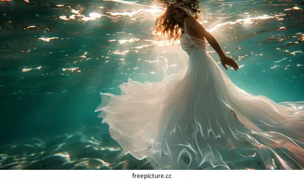 An underwater photo of a woman wearing a white dress