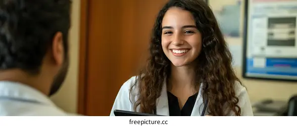 Young Female Doctor Smiling and Talking to a Patient