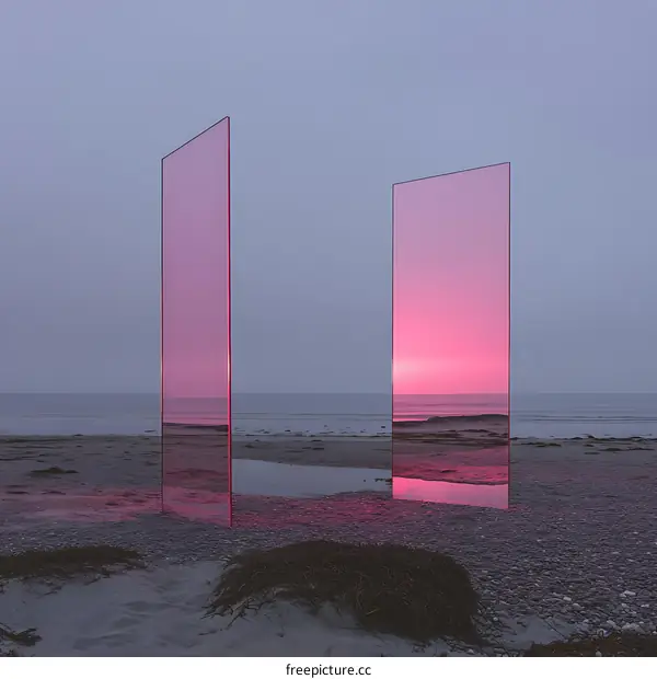 Pink Glass Panels Reflecting Sunset on Beach