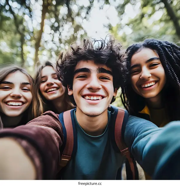Four Friends Taking a Selfie in the Forest