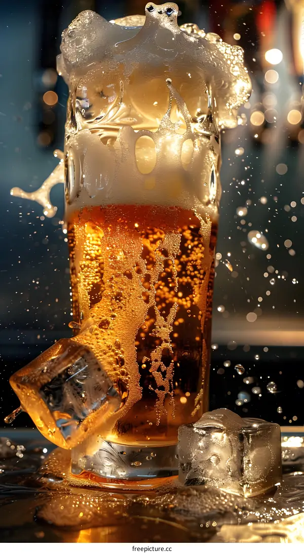 Glass of Beer With Ice Cubes and Foam