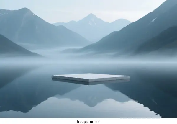 Floating Platform Amidst Misty Mountain Lake with Reflective Water
