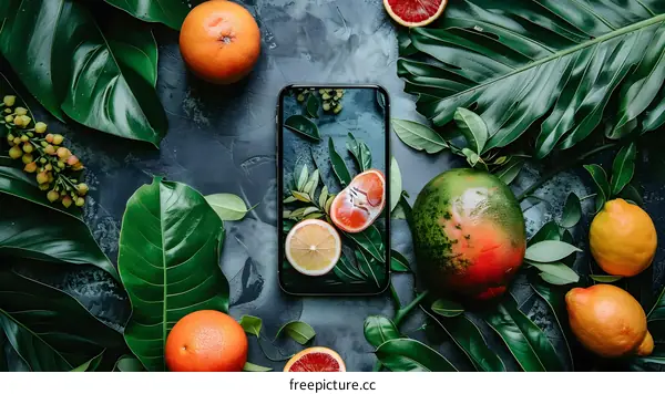 Tropical Fruits and Green Leaves with a Phone Displaying Similar Image