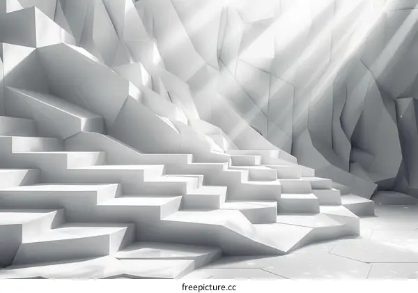 White abstract 3D rendering of a stepped platform with geometric shapes in the background