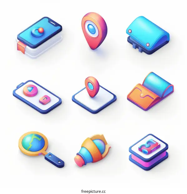 A set of nine isometric icons in a gradient color scheme