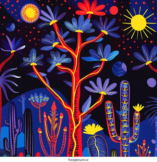 Colorful Abstract Forest Illustration with Cactus and Sun