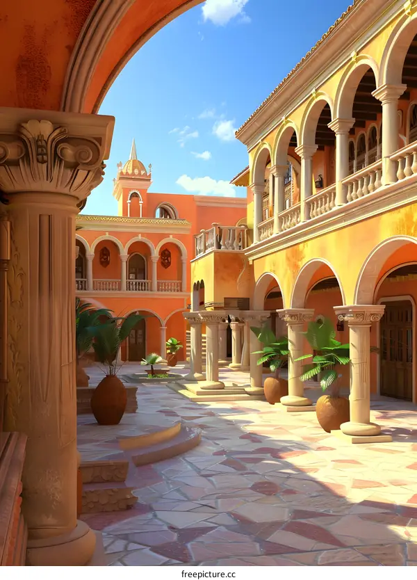 Mediterranean Style Courtyard Architecture with Arched Walkways