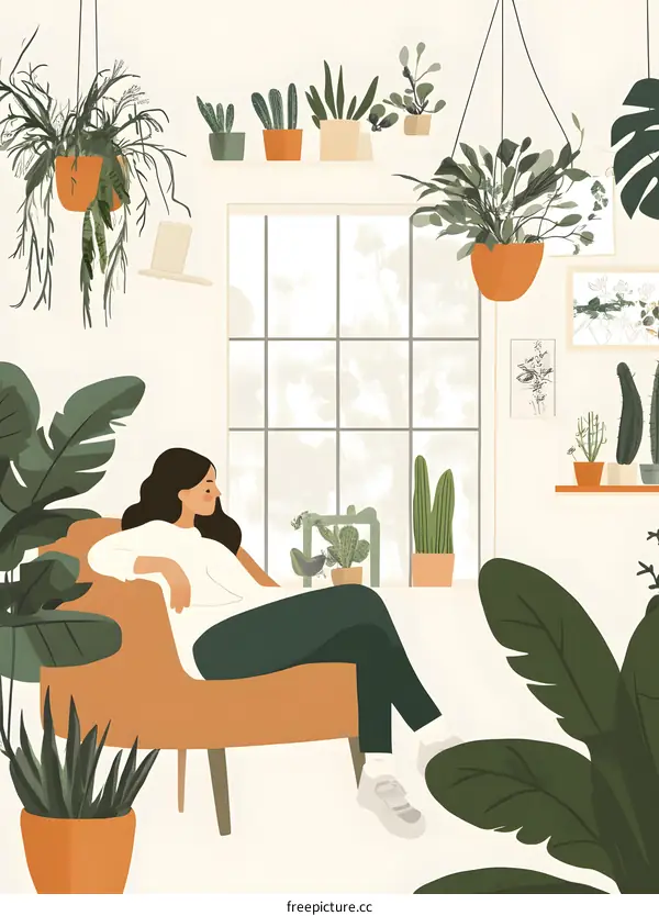 Woman Relaxing in a Chair Surrounded by Plants