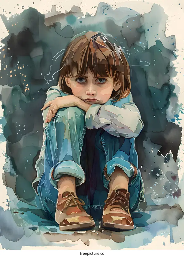 A lonely little girl sitting in the dark