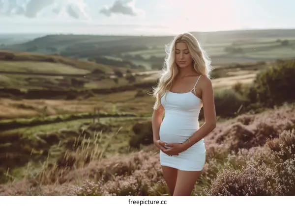 Pregnant woman standing in a field of heather