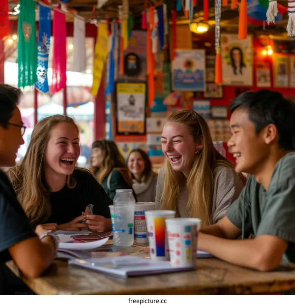 Four cheerful teenagers sitting at a table in a restaurant