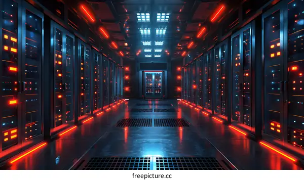 Futuristic server room with red and blue lights