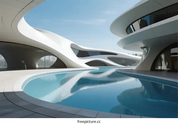Modern Curved Architecture with Reflective Swimming Pool