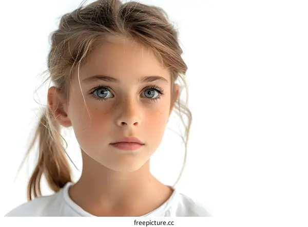 Portrait of a young girl with freckles and blue eyes