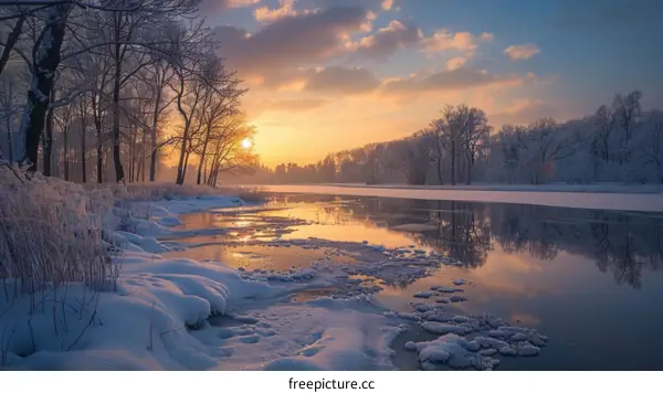 A beautiful winter sunset over a frozen river in Russia