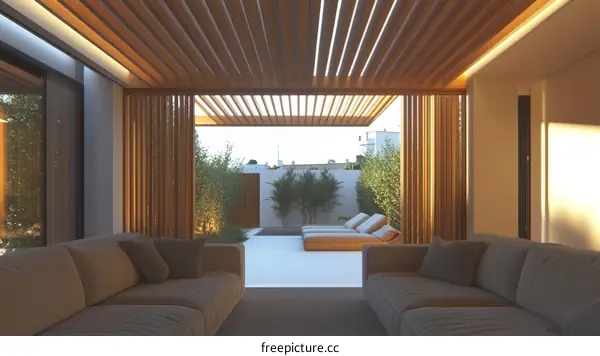 Modern Open-Air Living Room Design with Wooden Pergola