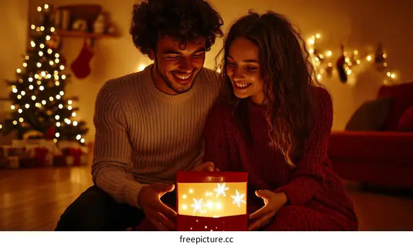 Christmas Couple Opening a Gift