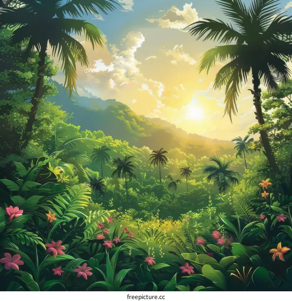 lush green tropical jungle landscape with pink flowers and palm trees