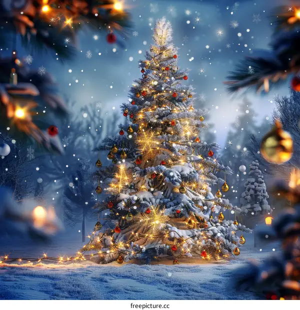 Christmas Tree Decorated with Lights and Snow