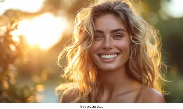 portrait of a smiling woman with long blond hair and freckles