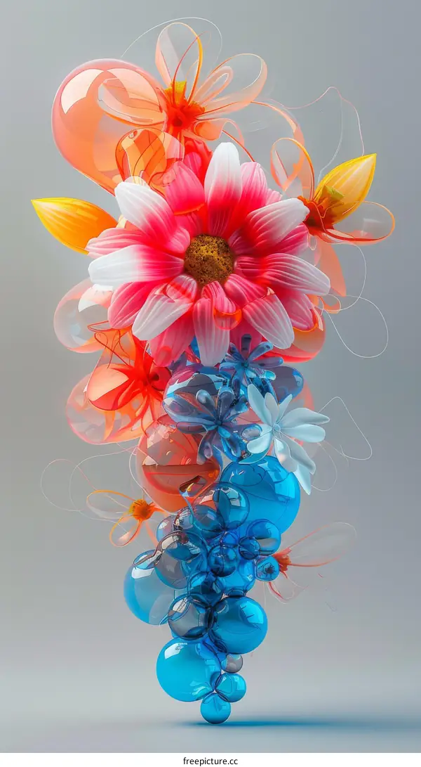 3D rendering of a bouquet of flowers with blue bubbles