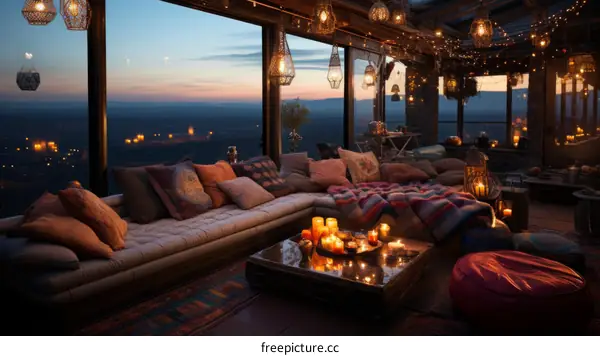 A Cozy Living Room with a Breathtaking City View at Night