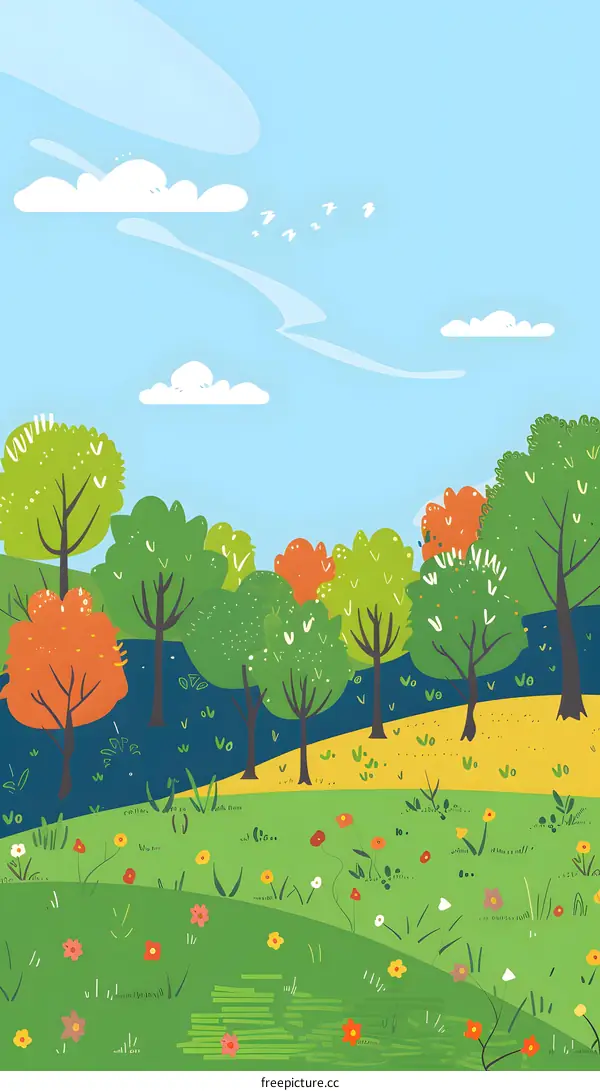 Cartoon Illustration of Green Field with Trees