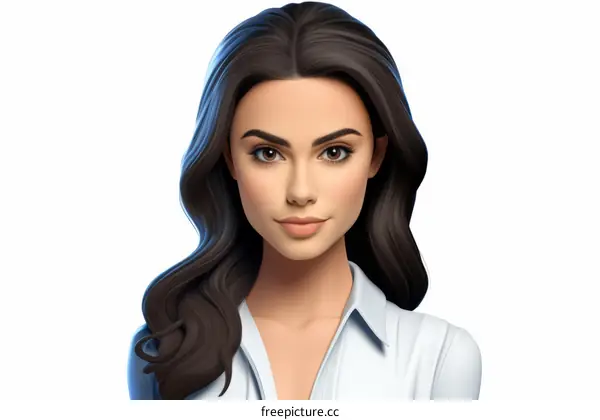 An illustration of a young woman with long brown hair and brown eyes, wearing a white shirt.