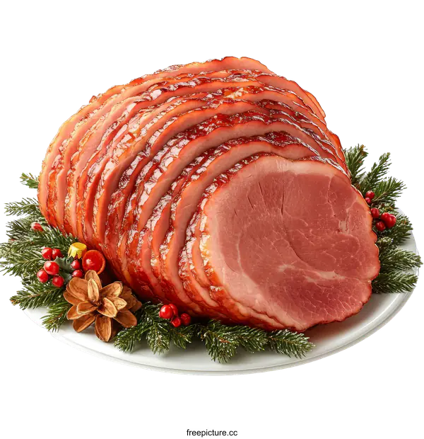 [Transparent Background PNG]Sliced Christmas Ham on a Holiday Platter