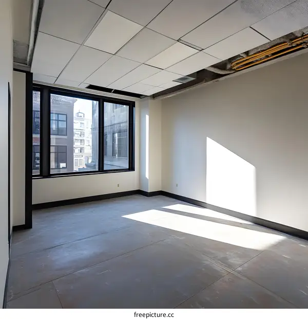 Empty Office Room with Large Window and Ceiling Tiles